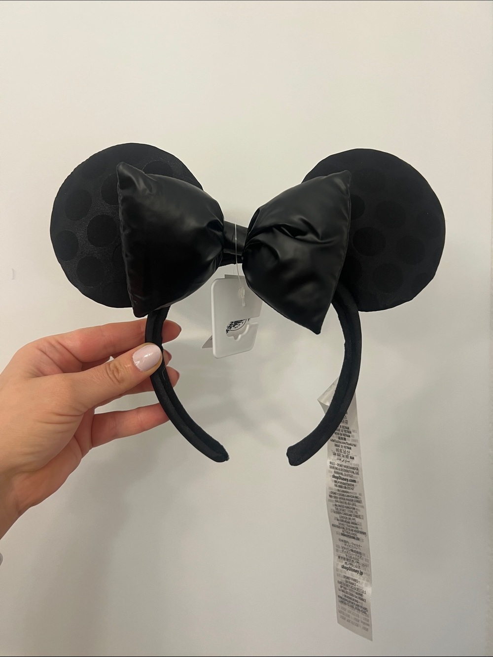 Disney Black on Black Minnie Mouse Ears Headband Puffy Faux Leather Bow Goth